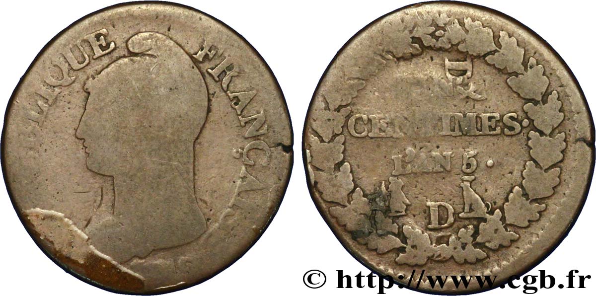 Cinq centimes Dupré, grand module,  refrappage  du décime 1797 Lyon F.114/7 G6 