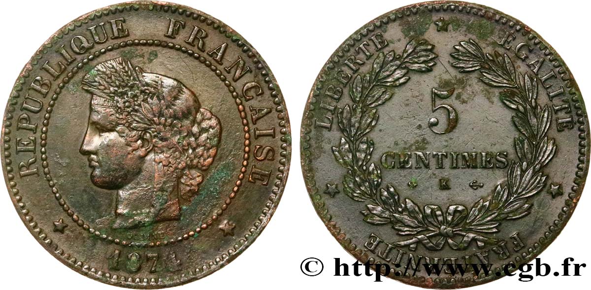 5 centimes Cérès 1874 Bordeaux F.118/10 AU50 