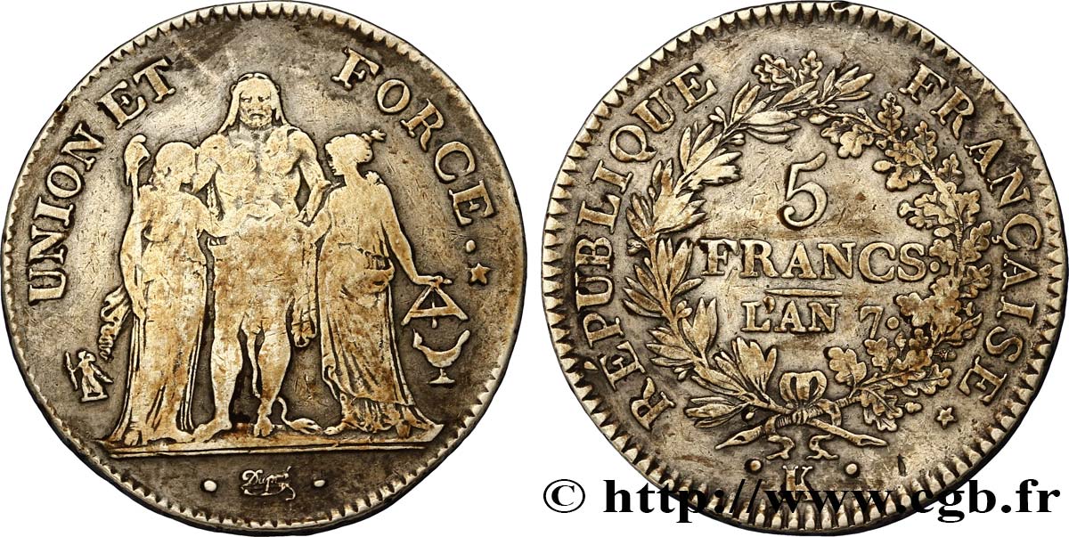 5 francs Union et Force, Union serré, avec glands intérieurs et gland extérieur 1799 Bordeaux F.288/108 TB33