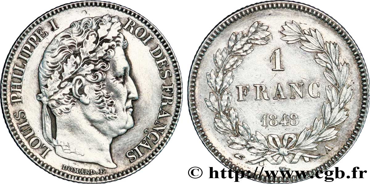 1 franc Louis-Philippe, couronne de chêne 1848 Paris F.210/113 AU52 
