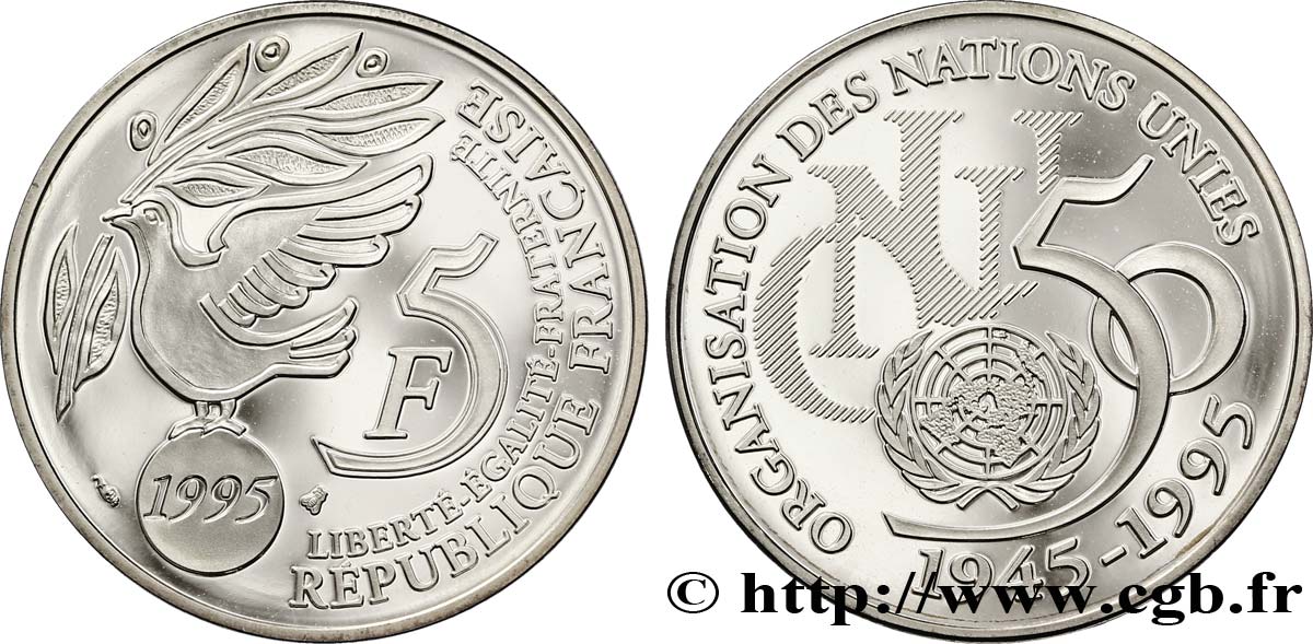 Belle Épreuve 5 francs Cinquantenaire de l’ONU 1995 Paris F.345/1 var. FDC65 
