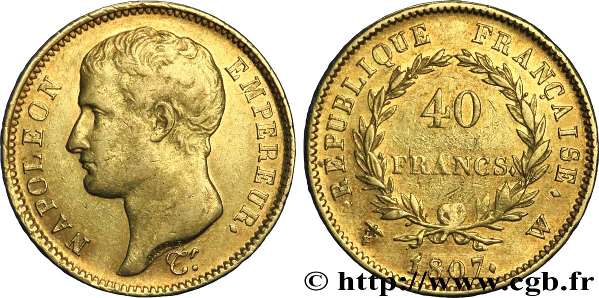 40 francs or Napoléon tête nue, type transitoire 1807 Lille F.539/5 XF45 