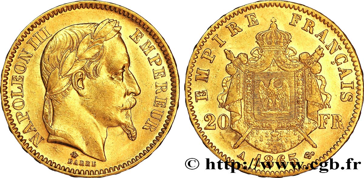 20 francs or Napoléon III, tête laurée 1865 Paris F.532/11 SUP58 