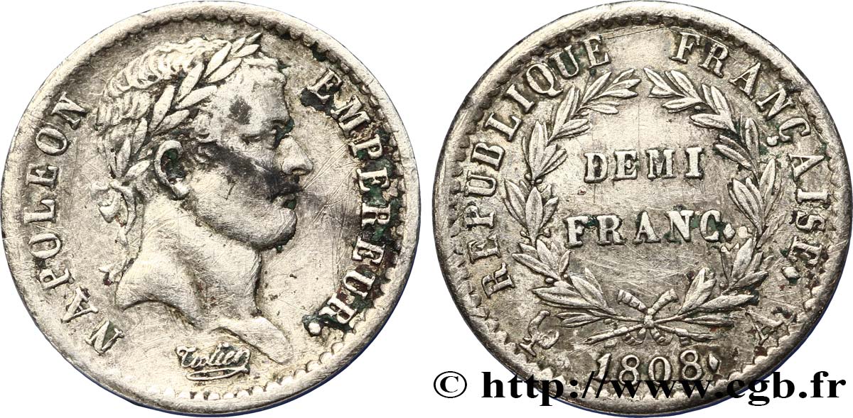 Demi-franc Napoléon Ier tête laurée, République française 1808 Paris F./ TTB42 