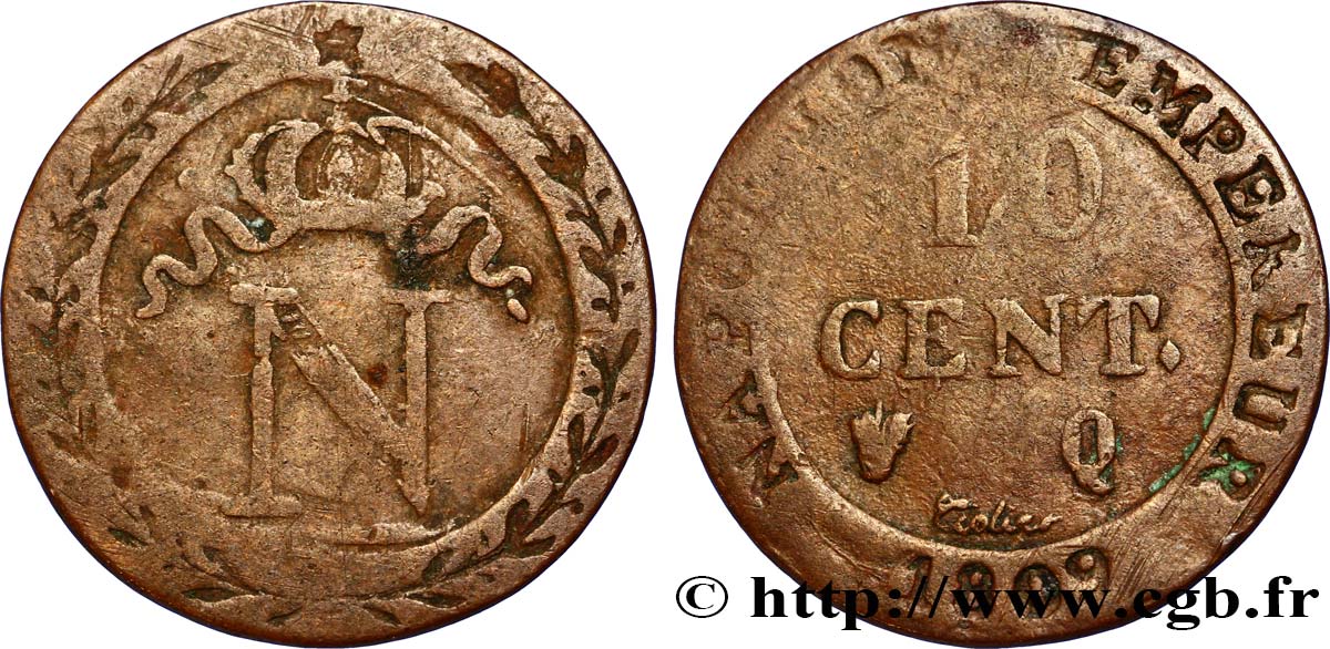 Faux de 10 cent. à l N couronnée 1809 Perpignan F.130/17 var. BC20 