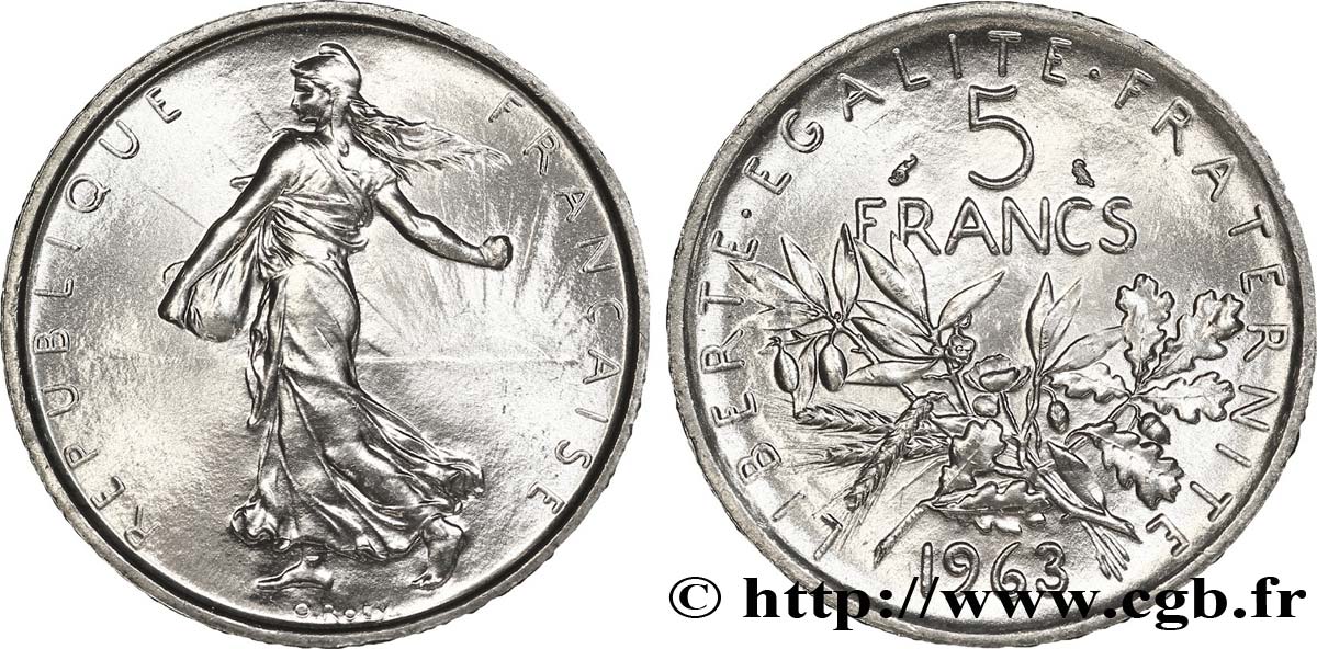 5 francs Semeuse, argent 1963 Paris F.340/7 MS64 