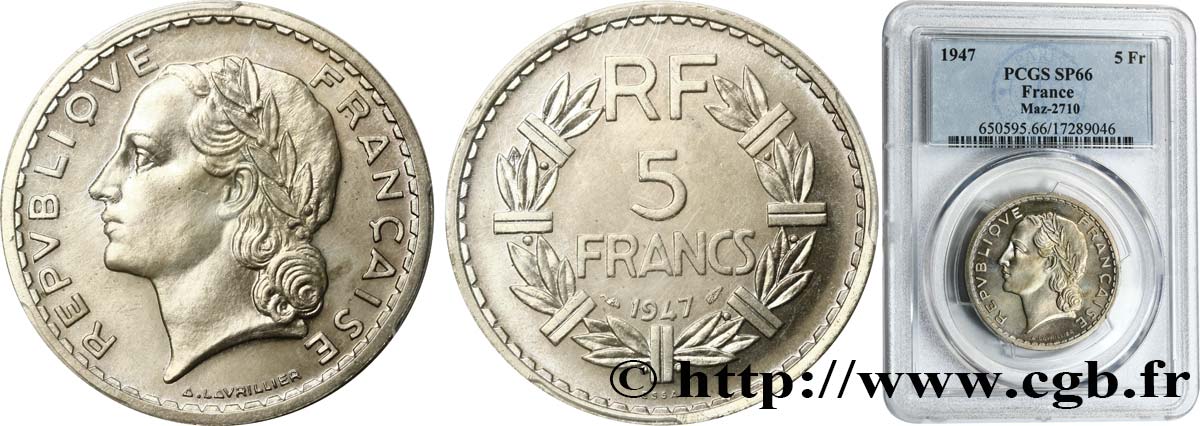 Essai de 5 francs Lavrillier, poids intermédiaire 1947 Paris G.-  FDC66 PCGS