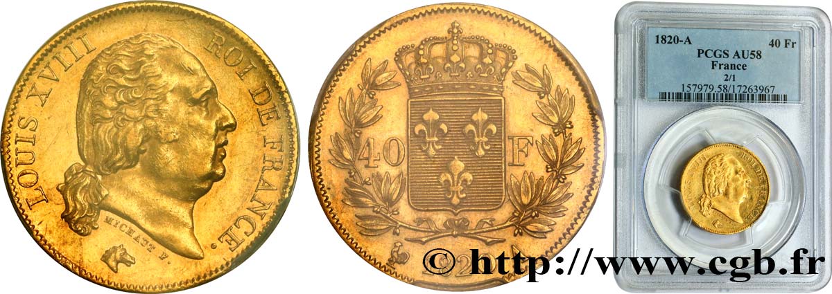 40 francs or Louis XVIII 1820 Paris F.542/10 SUP58 PCGS