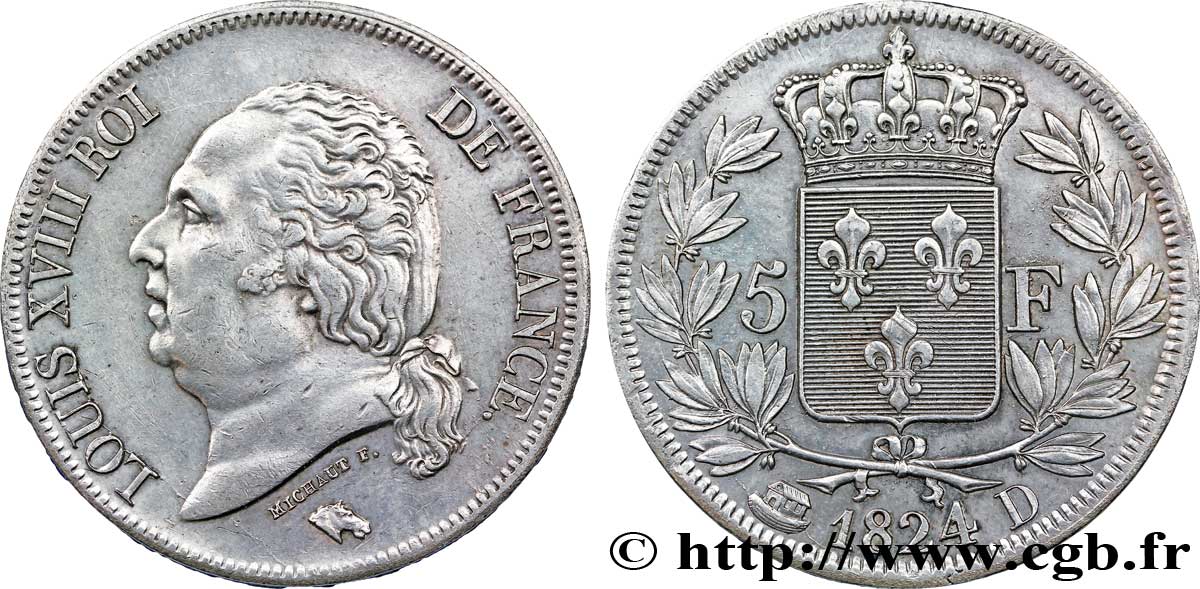 5 francs Louis XVIII, tête nue 1824 Lyon F.309/90 SPL58 