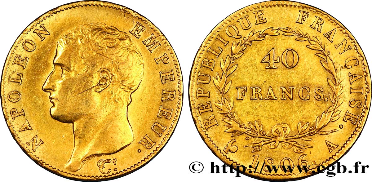 40 francs or Napoléon tête nue, Calendrier grégorien 1806 Paris F.538/1 TTB45 