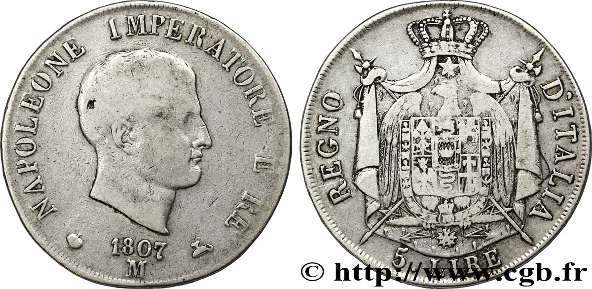 5 lire Napoléon Empereur et Roi d’Italie, 1er type, tranche en relief 1807 Milan M.216  S30 