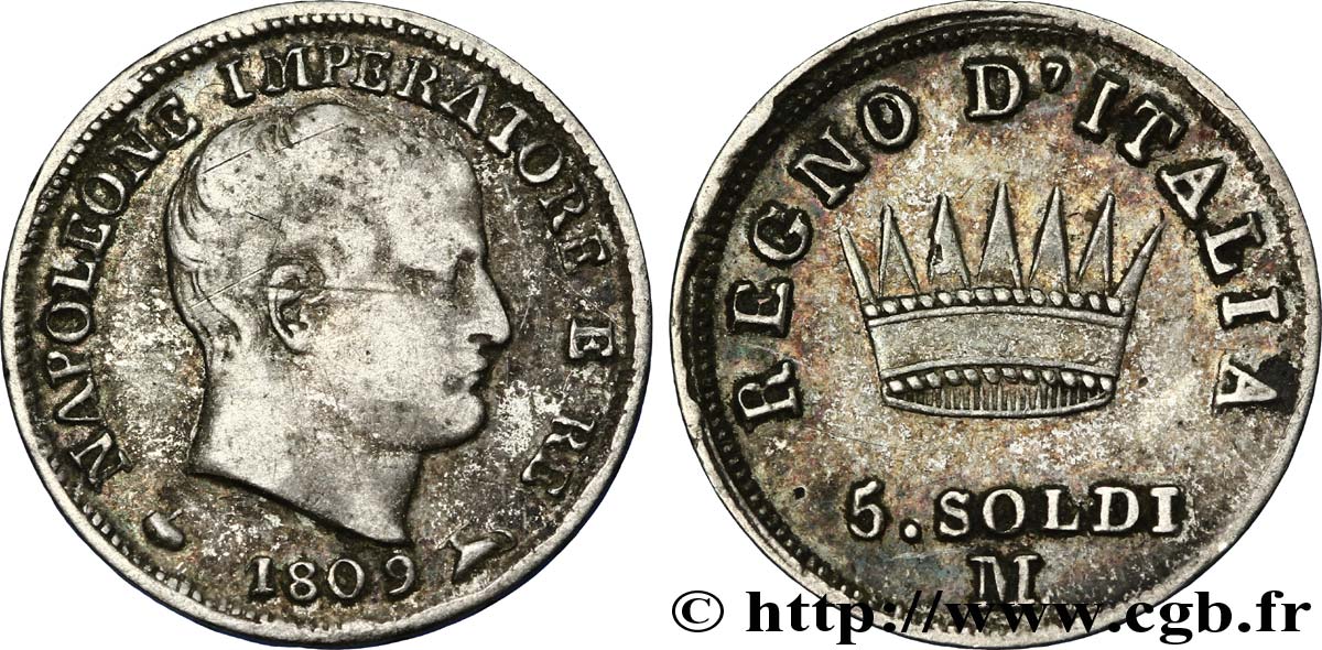 5 soldi Napoléon Empereur et Roi d’Italie 1809 Milan M.279 TTB40