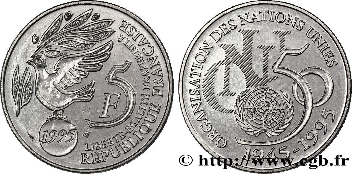 5 francs Cinquantenaire de l’ONU 1995 Pessac F9.345/1 SUP60 