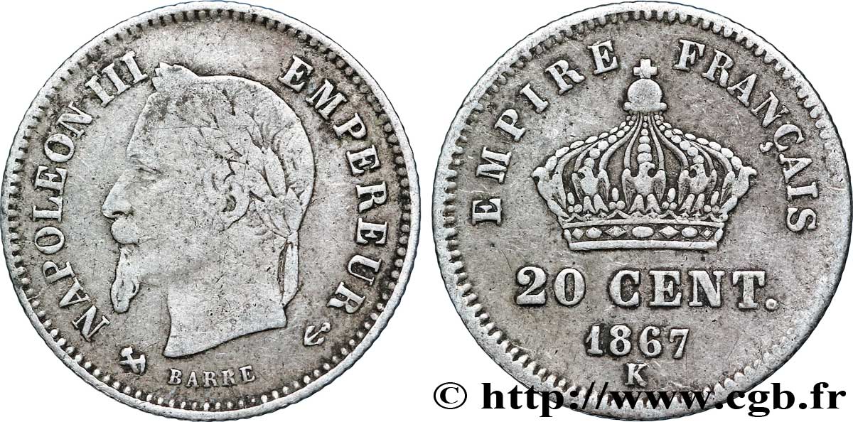 20 centimes Napoléon III, tête laurée, grand module 1867 Bordeaux F.150/3 F12 
