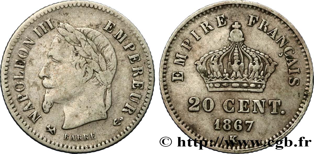 20 centimes Napoléon III, tête laurée, grand module 1867 Bordeaux F.150/3 VF20 