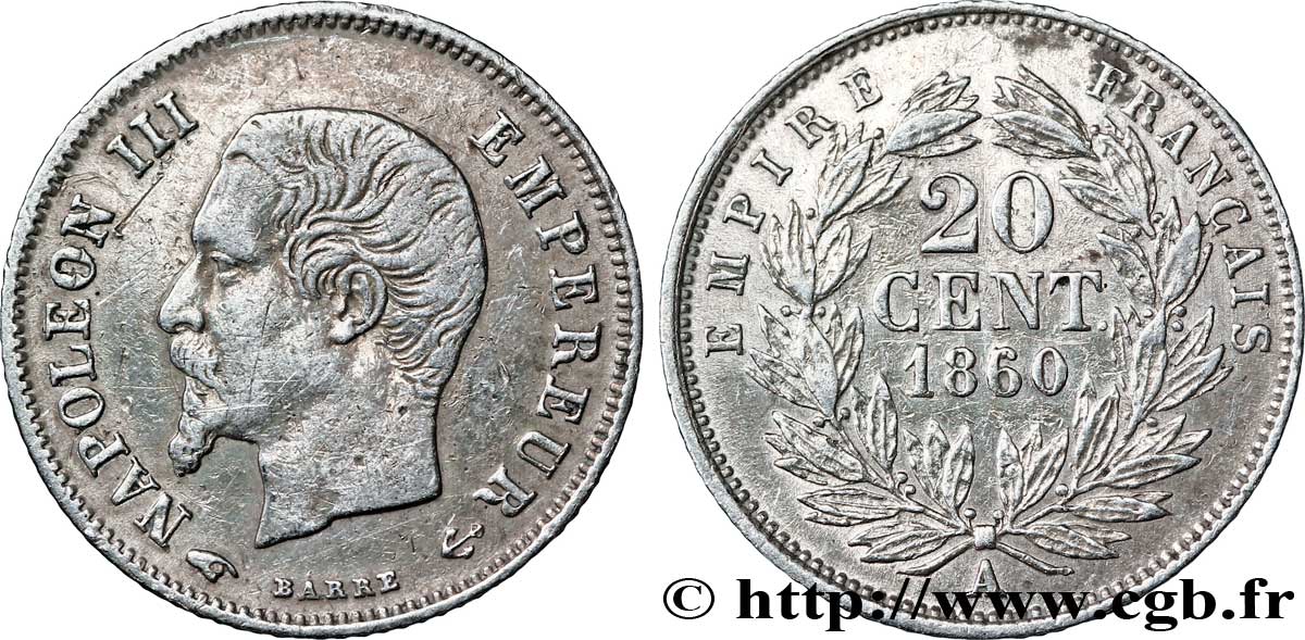 20 centimes Napoléon III, tête nue 1860 Paris F.148/13 TTB40