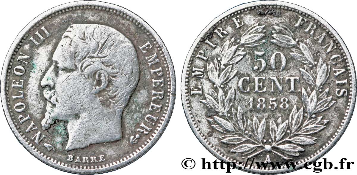 50 centimes Napoléon III, tête nue 1858 Paris F.187/9 TB30