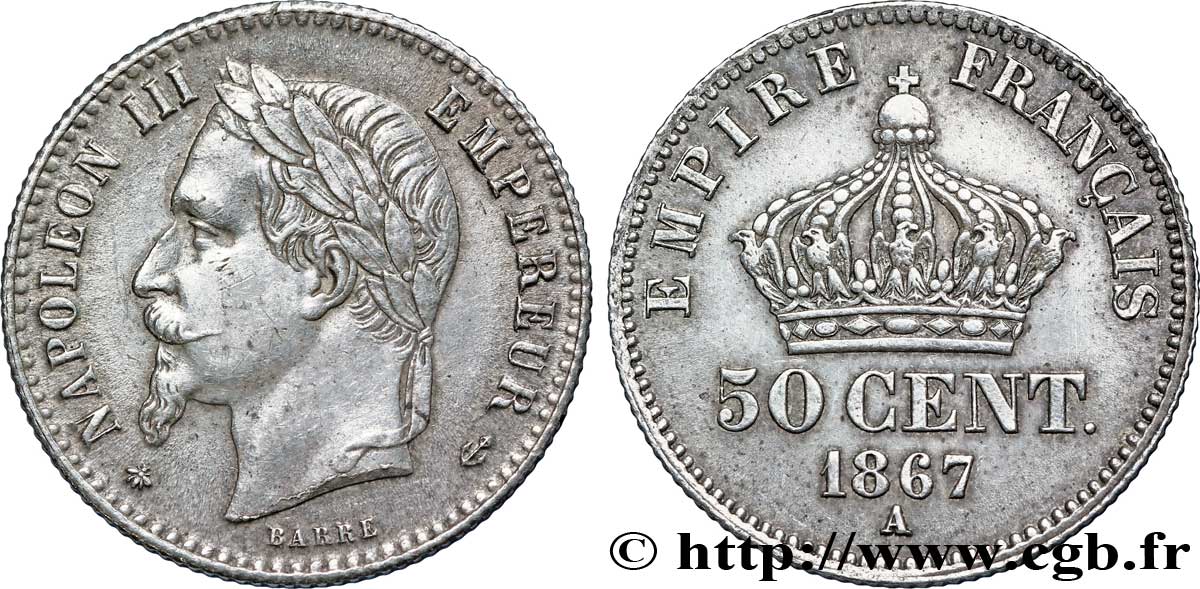 50 centimes Napoléon III, tête laurée 1867 Paris F.188/13 SUP55