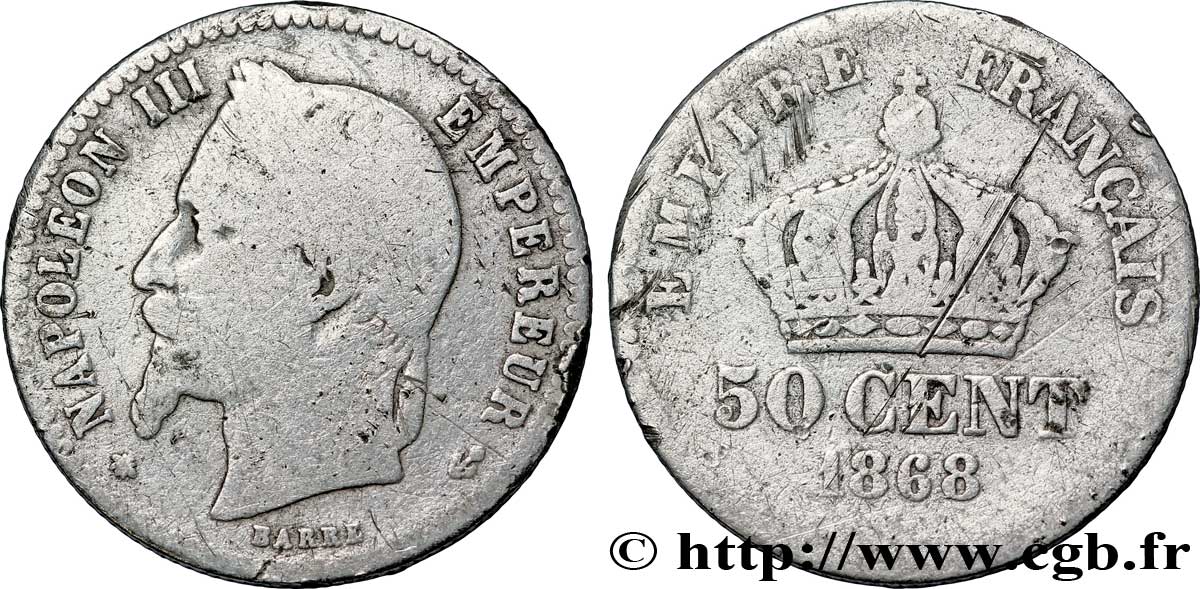 50 centimes Napoléon III, tête laurée 1868 Paris F.188/20 AB5 