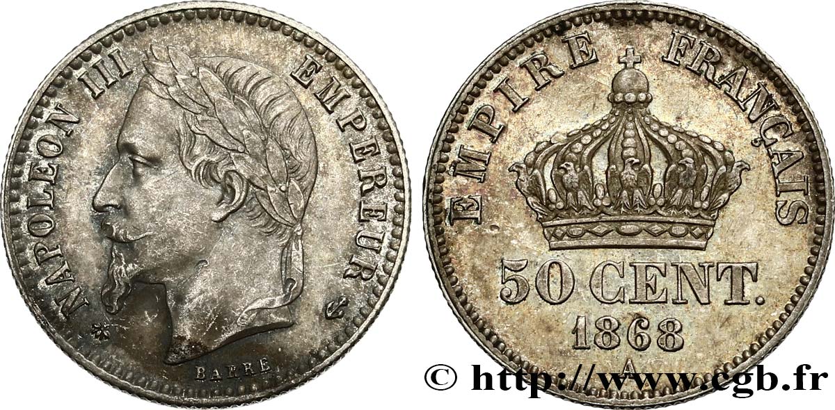 50 centimes Napoléon III, tête laurée 1868 Paris F.188/20 AU55 