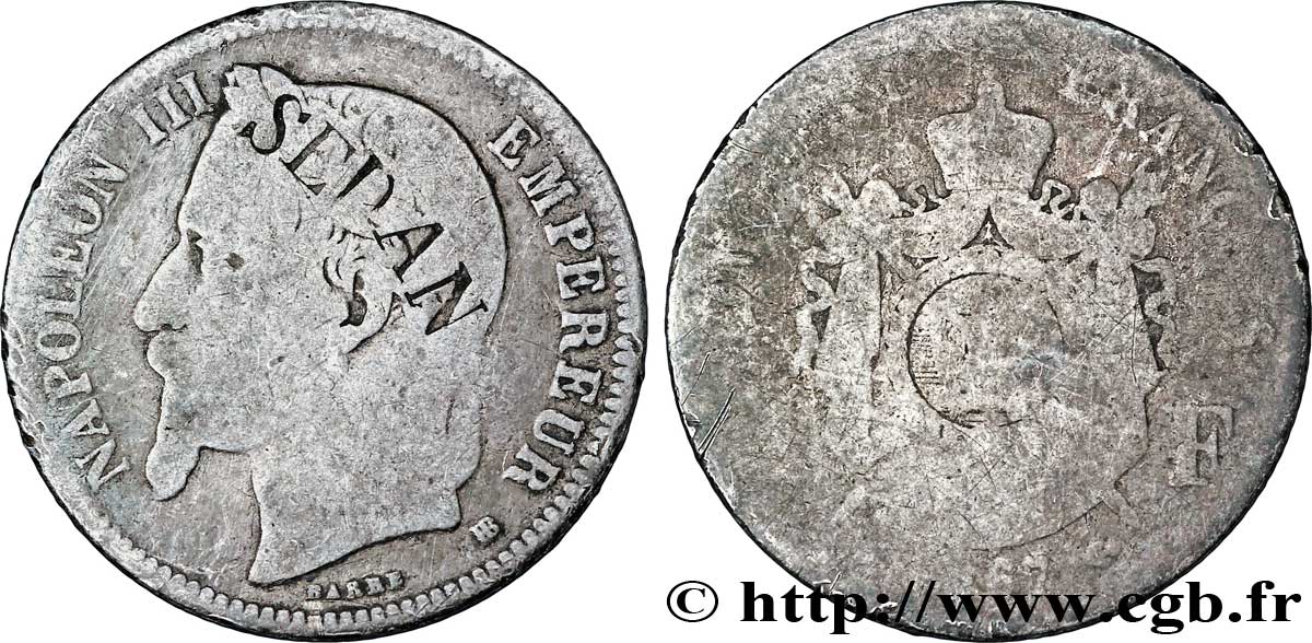 1 franc Napoléon III, tête laurée, contremarqué SEDAN 1867 Strasbourg F.215/7 var. AB3