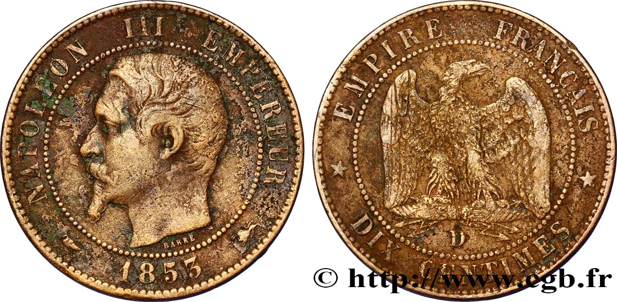 Dix centimes Napoléon III, tête nue 1853 Lyon F.133/5 TTB40
