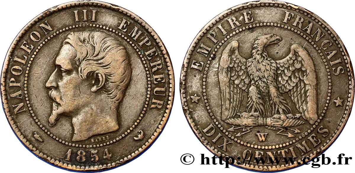 Dix centimes Napoléon III, tête nue 1854 Lille F.133/18 SS40