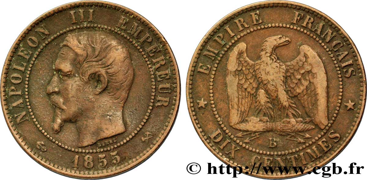 Dix centimes Napoléon III, tête nue 1855 Rouen F.133/22 S35 