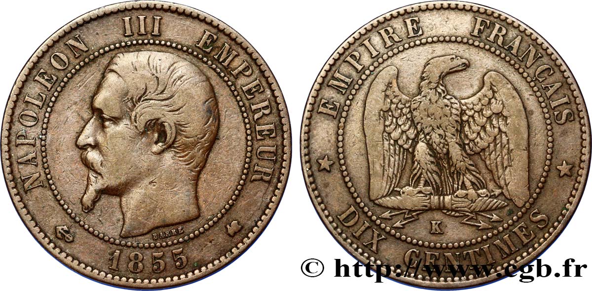Dix centimes Napoléon III, tête nue 1855 Bordeaux F.133/29 TB35