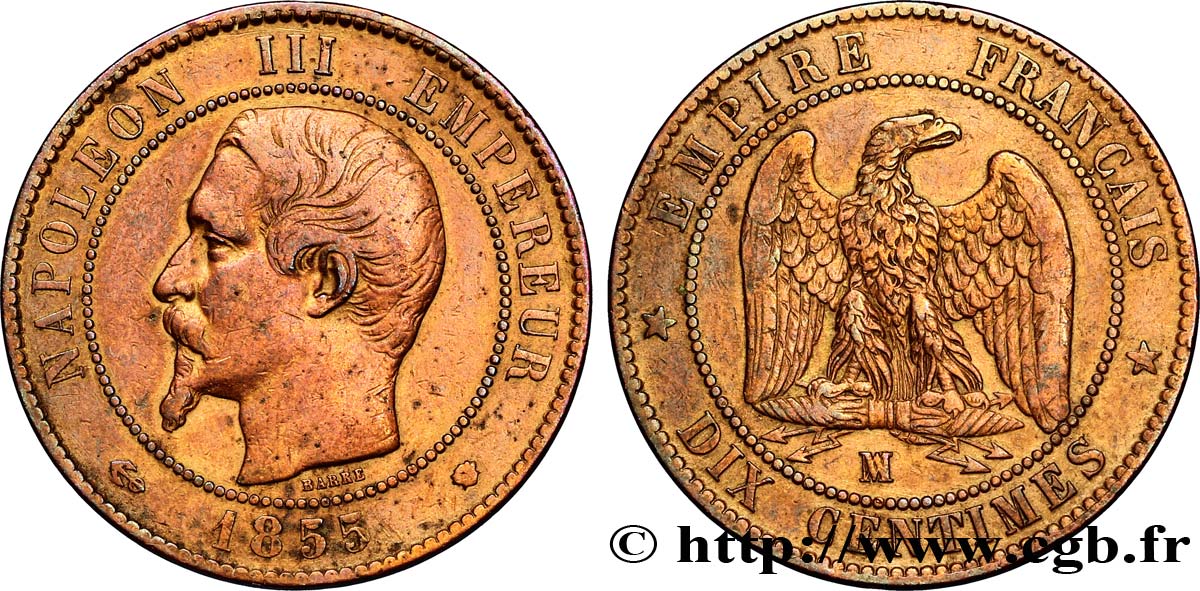 Dix centimes Napoléon III, tête nue 1855 Marseille F.133/31 XF45 