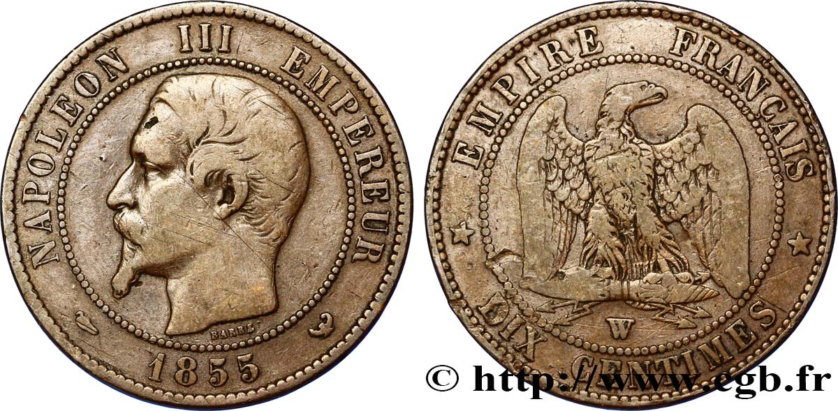Dix centimes Napoléon III, tête nue 1855 Lille F.133/32 TB20