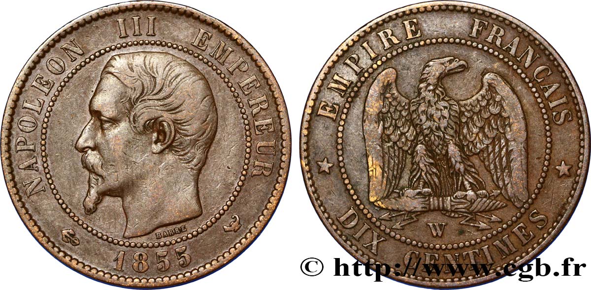 Dix centimes Napoléon III, tête nue 1855 Lille F.133/33 S35