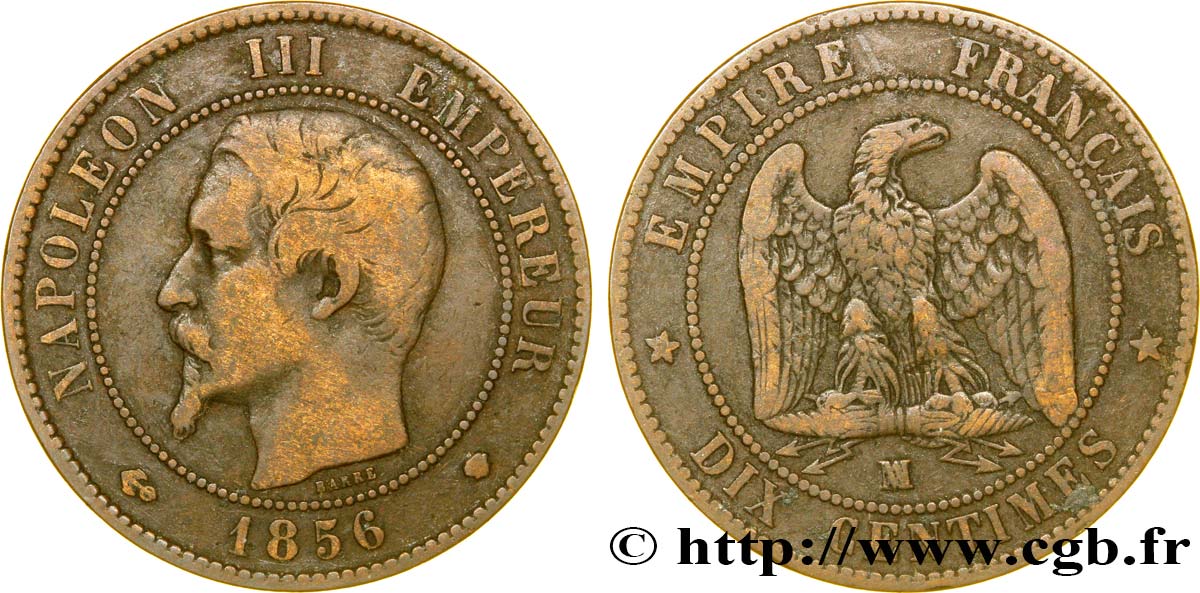 Dix centimes Napoléon III, tête nue 1856 Marseille F.133/39 TB30 