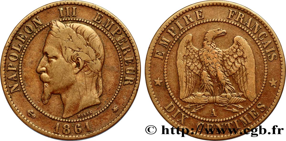 Dix centimes Napoléon III, tête laurée 1861 Paris F.134/4 TB25