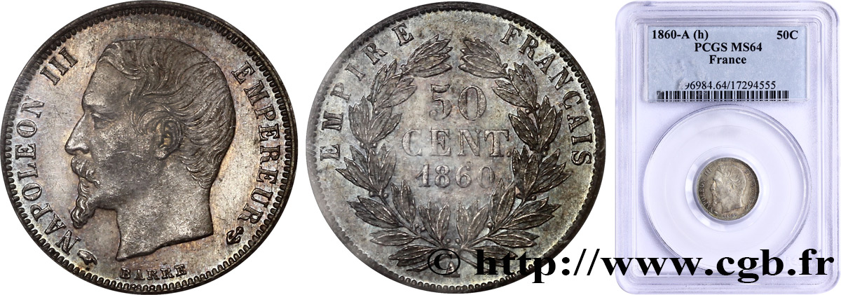 50 centimes Napoléon III, tête nue 1860 Paris F.187/13 MS62 