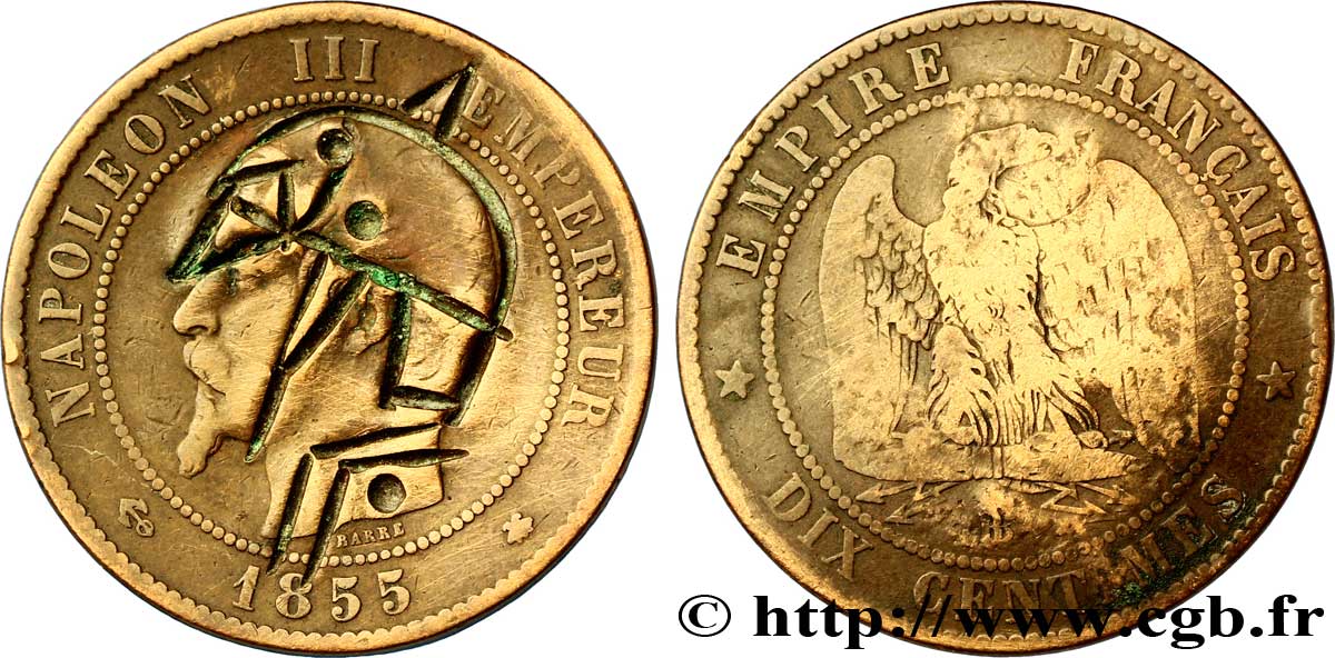 Dix centimes Napoléon III, tête nue, satirique 1855 Strasbourg F.133/24 var. B10