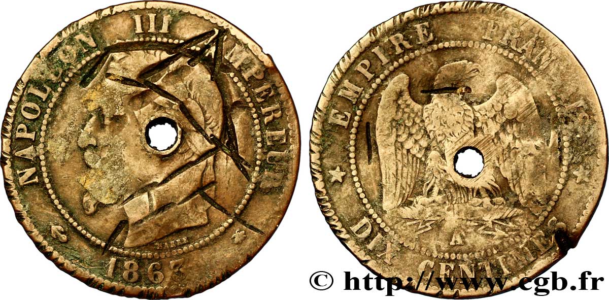 Dix centimes Napoléon III, tête laurée, satirique 1863 Paris F.134/10 var. B6