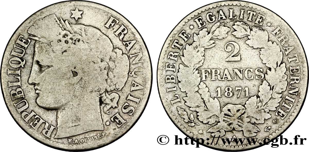 2 francs Cérès, avec légende 1871 Paris F.265/4 VG8 