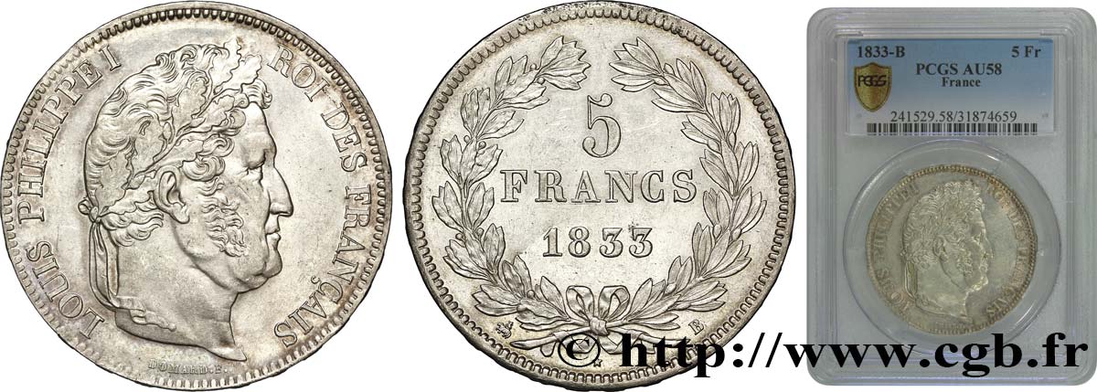 5 francs IIe type Domard 1833 Rouen F.324/15 SUP58 PCGS