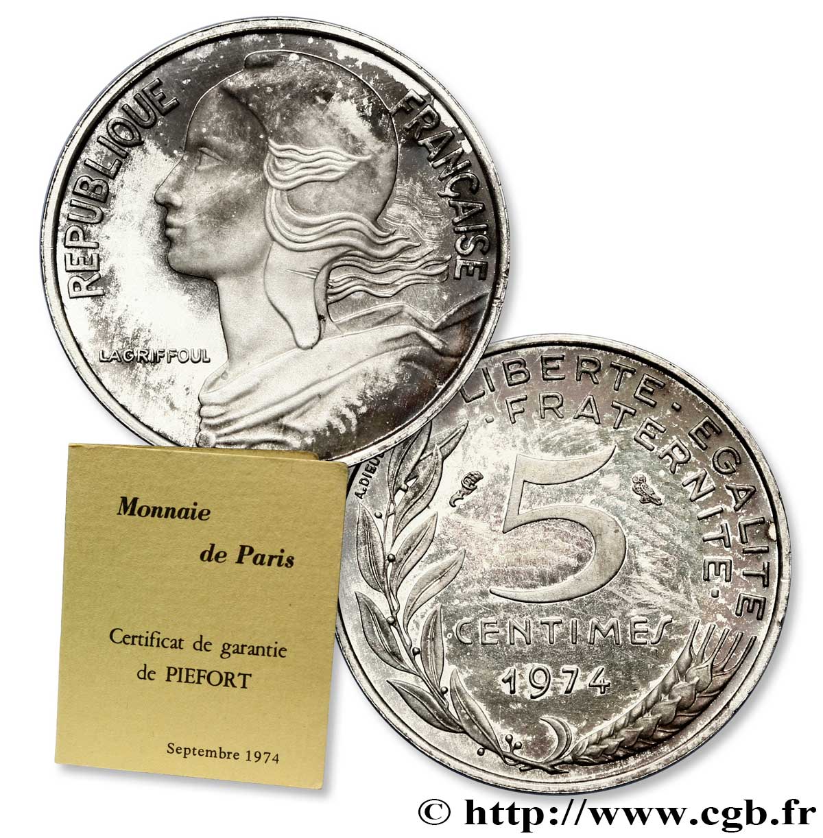 Piéfort argent de 5 centimes Marianne 1974 Paris F.125/10P MS64