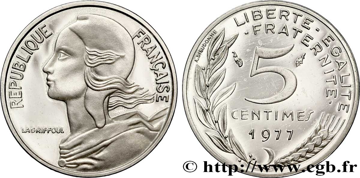 Piéfort argent de 5 centimes Marianne 1977 Paris F.125/13P MS63