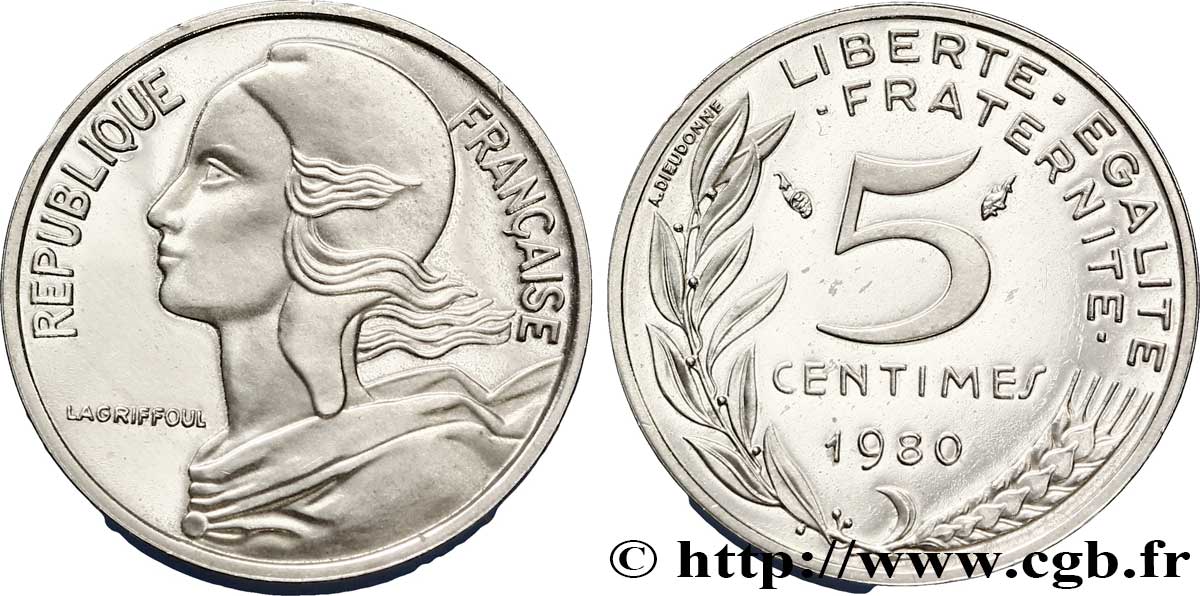 Piéfort argent de 5 centimes Marianne 1980 Paris F.125/16P SPL64 