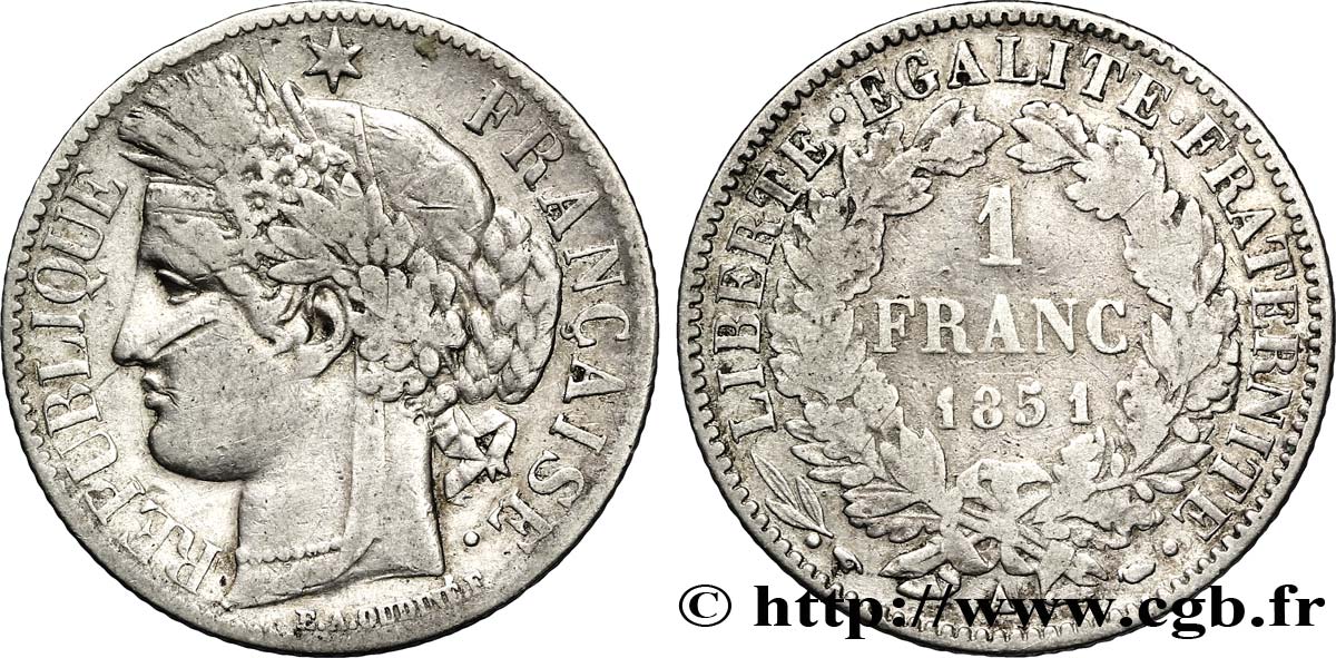1 franc Cérès, IIe République 1851 Paris F.211/9 VF30