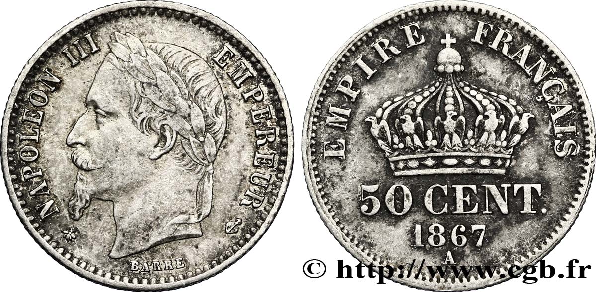 50 centimes Napoléon III, tête laurée 1867 Paris F.188/13 TTB48