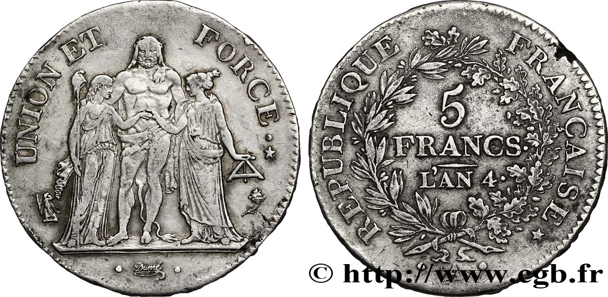 5 francs Union et Force, Union serré, avec glands intérieurs et gland extérieur 1796 Paris F.288/2 TB35