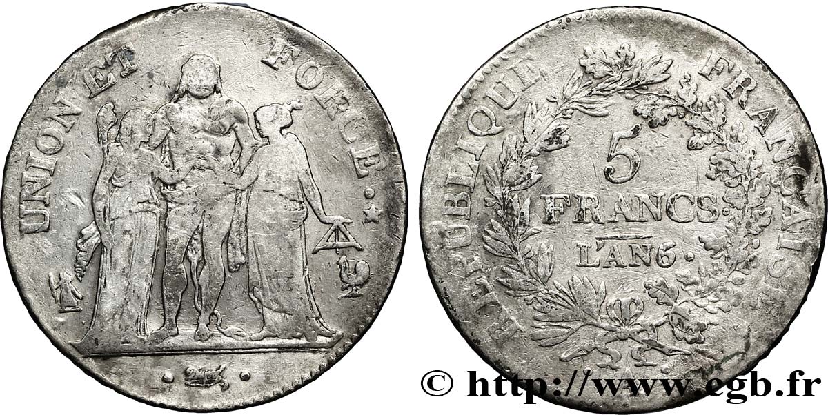 5 francs Union et Force, Union serré, seulement gland extérieur 1798 Paris F.288/47 TB25