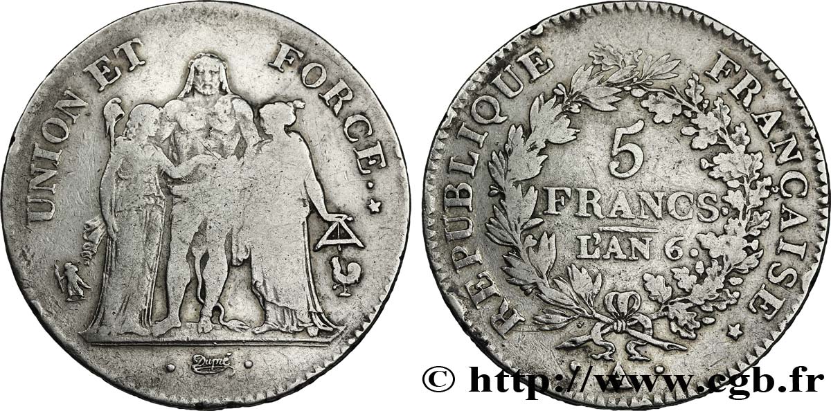5 francs Union et Force, Union serré, glands intérieurs, gland extérieur, petite feuille 1798 Paris F.288/33 MB/q.BB 