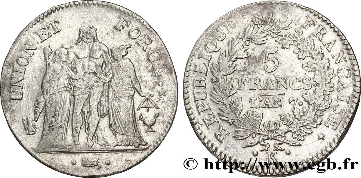 5 francs Union et Force, Union serré, avec glands intérieurs et gland extérieur 1799 Bordeaux F.288/108 VF35