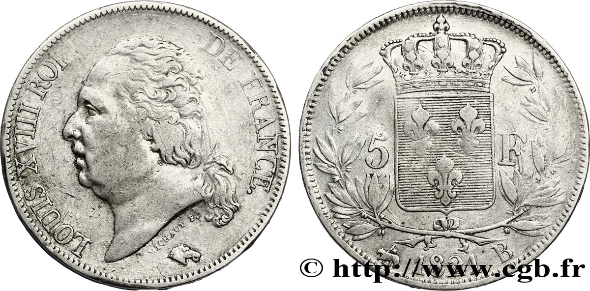 5 francs Louis XVIII, tête nue 1821 Rouen F.309/61 TB 