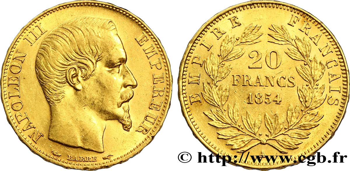 20 francs or Napoléon III, tête nue 1854 Paris F.531/2 AU52 